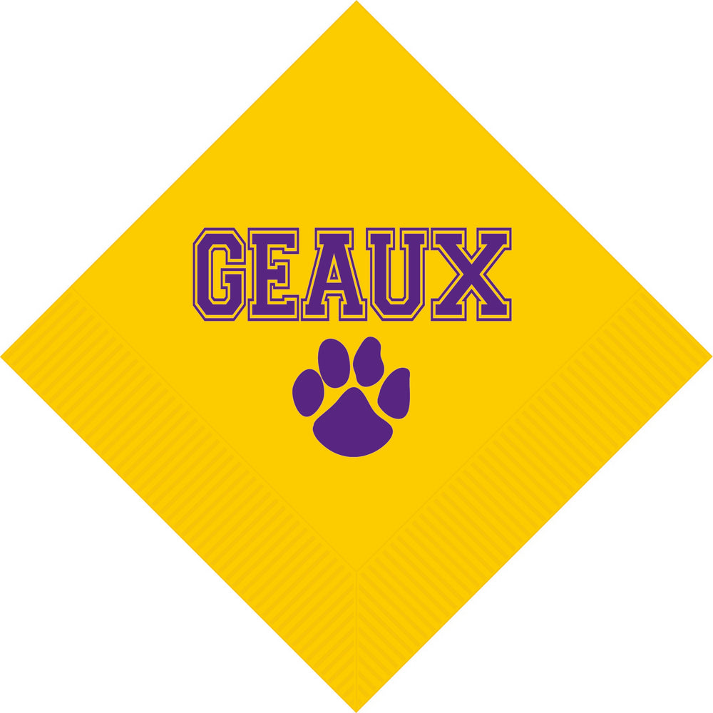"GEAUX" Gold Beverage napkins with Purple Print (pk of 25)